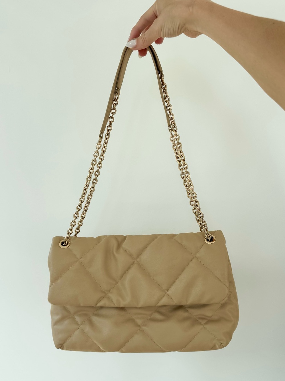 H&M Quilted Purse, Shoulder Bag, Tan with Gold Chain